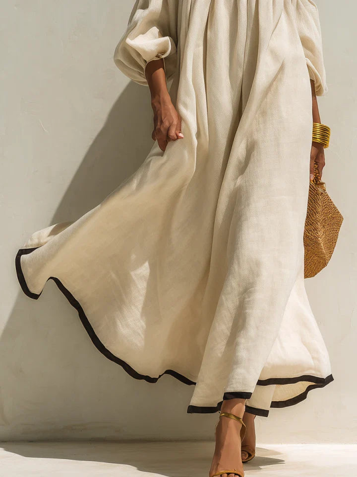 Loose-fitting Color-blocked Off-the-shoulder Beige Cotton-linen Maxi Dress