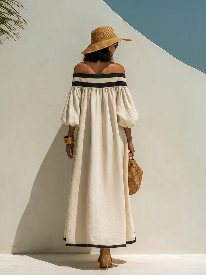 Loose-fitting Color-blocked Off-the-shoulder Beige Cotton-linen Maxi Dress